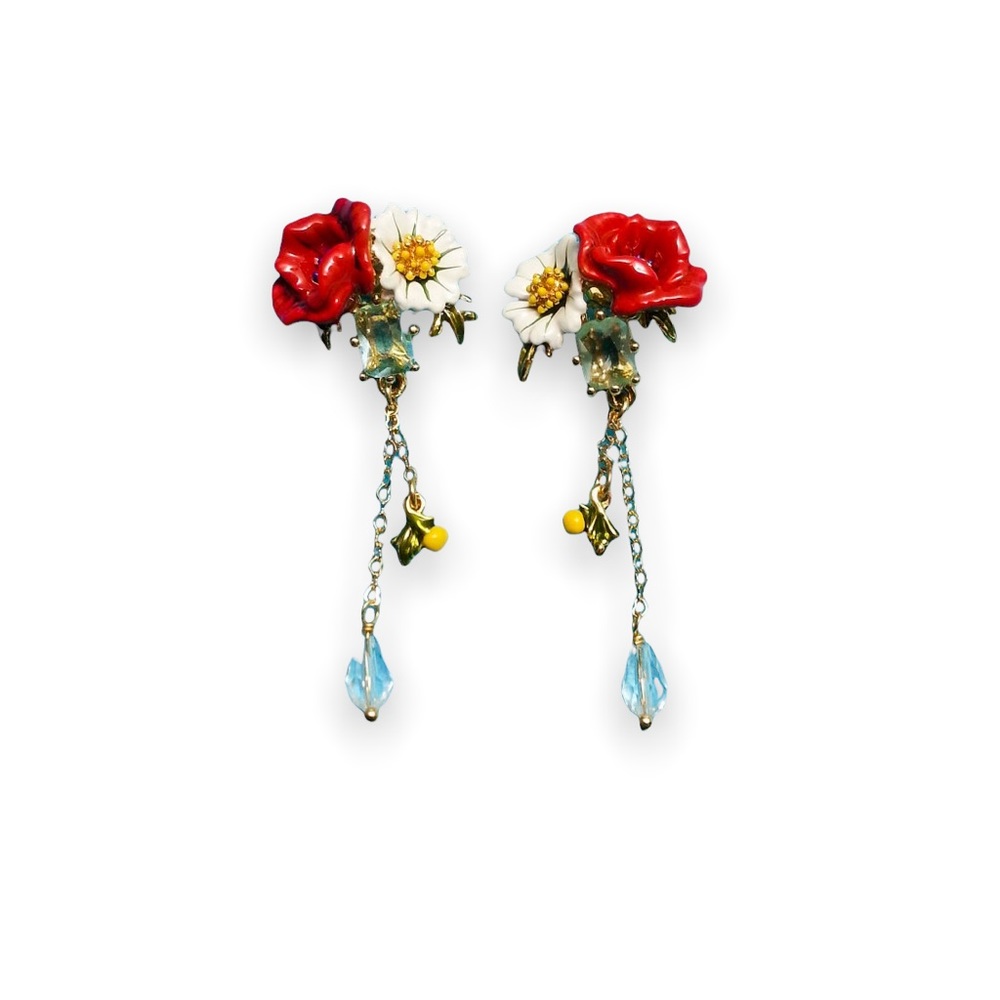 Rare LES NEREIDES gold, silver, enamel post dangle earrings